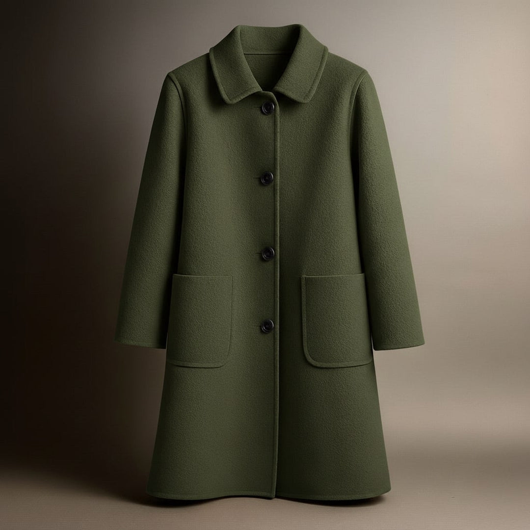 Women's Virgin Wool Coat – Tailored Straight-Cut Winter Overcoat – Army Green