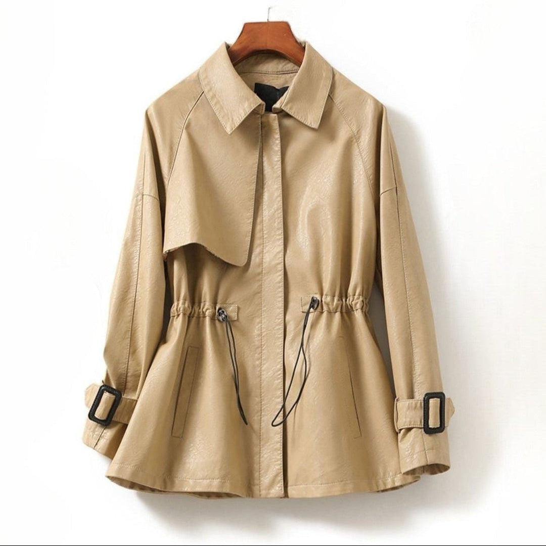 Women's Sheepskin Leather Jacket – Cinched Drawstring Trench Style – Lavender