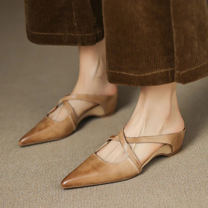 Women's Leather Cross-Strap Mules – Pointed Toe Low Heel – view 7