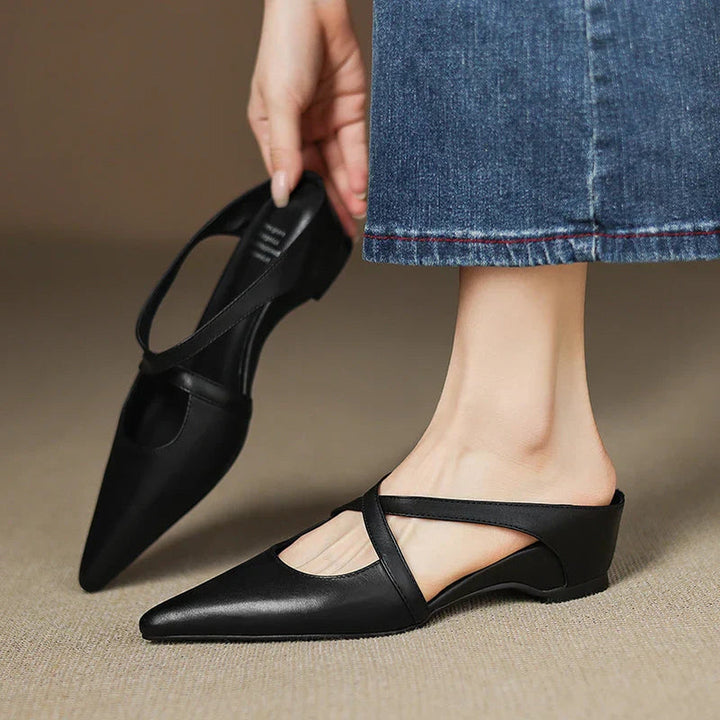 Women's Leather Cross-Strap Mules – Pointed Toe Low Heel