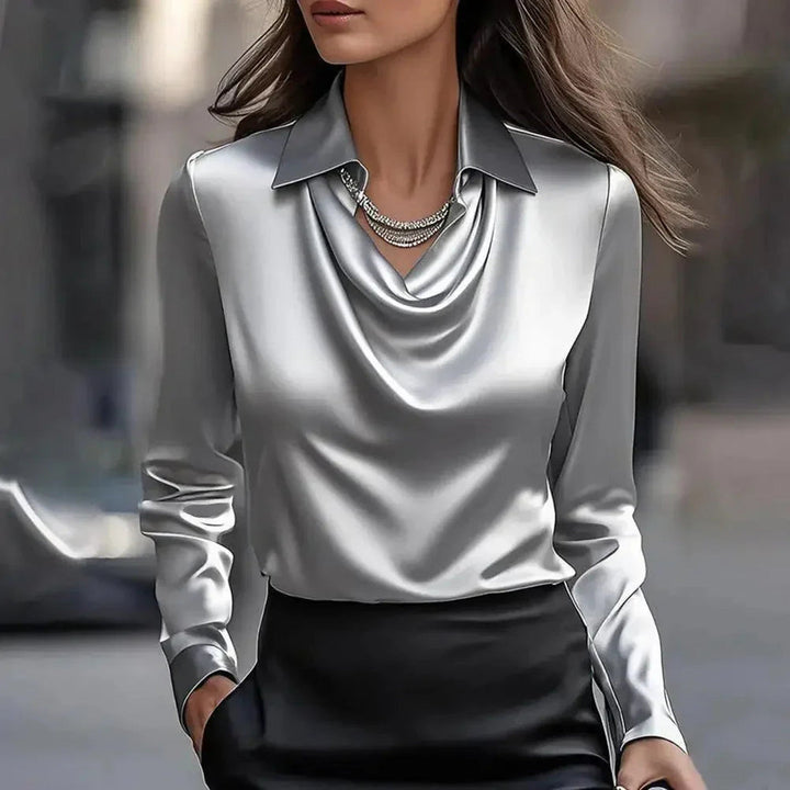 Women's Satin Cowl Neck Blouse – Fluid Drape Smart Top – Grey