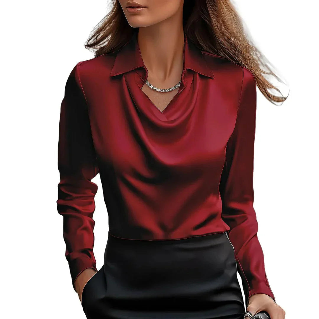 Women's Satin Cowl Neck Blouse – Fluid Drape Smart Top – Red