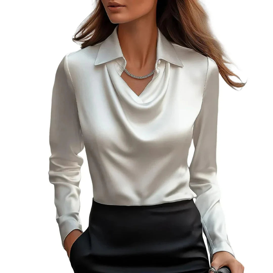 Women's Satin Cowl Neck Blouse – Fluid Drape Smart Top – White