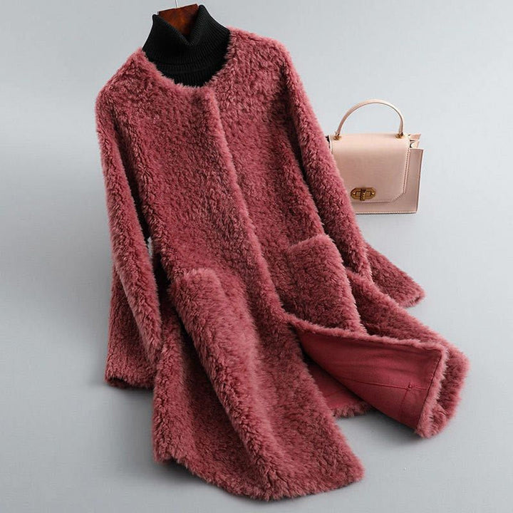 Women's Shearling Coat – Collarless Open-Front Teddy Layer – Blossom Pink