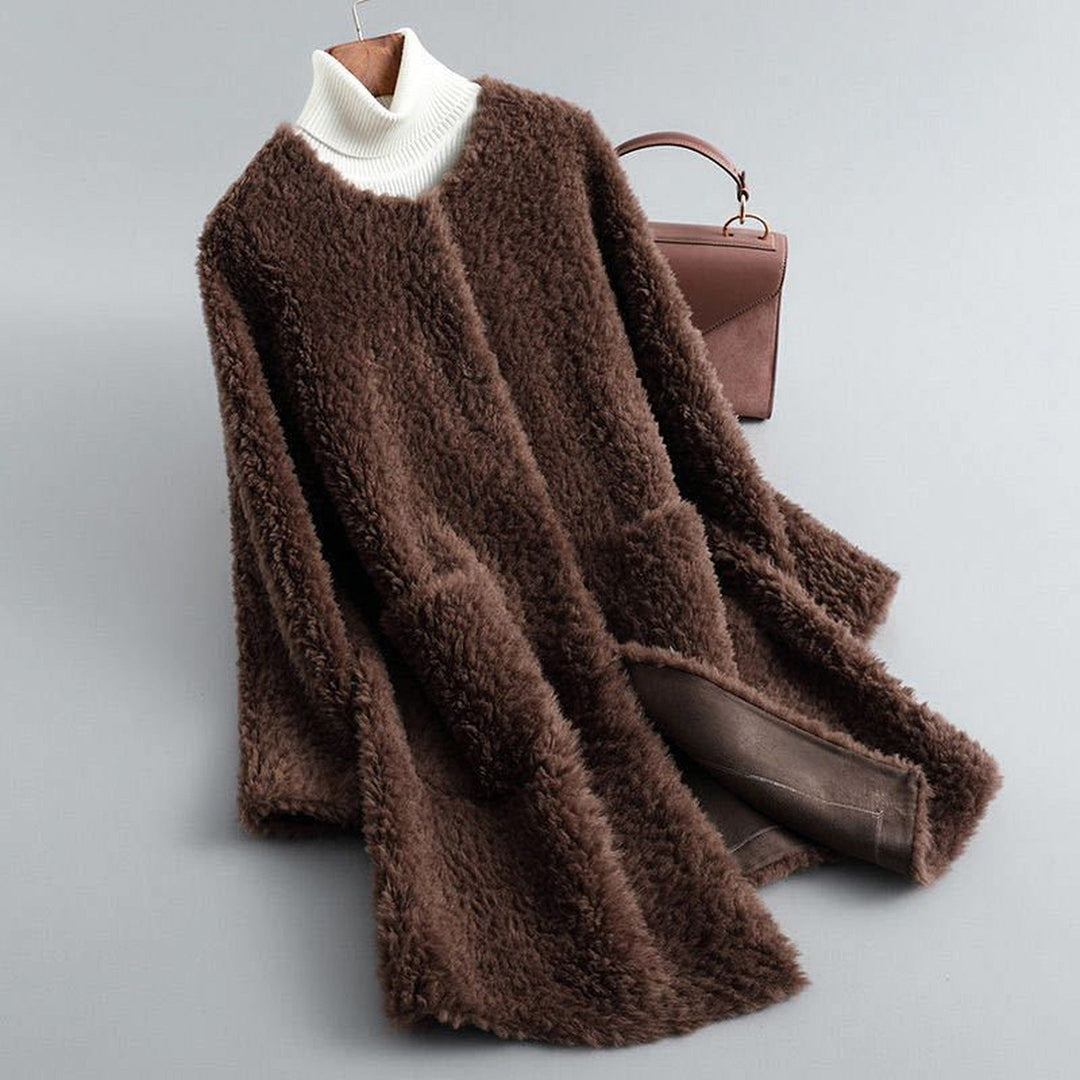 Women's Shearling Coat – Collarless Open-Front Teddy Layer – Mint Green