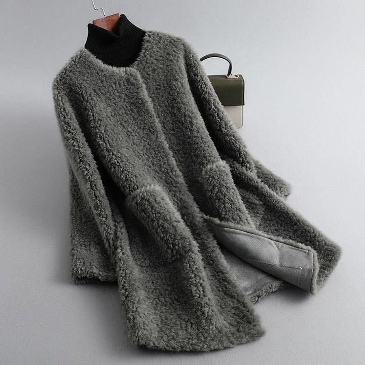 Women's Shearling Coat – Collarless Open-Front Teddy Layer – Crimson Red