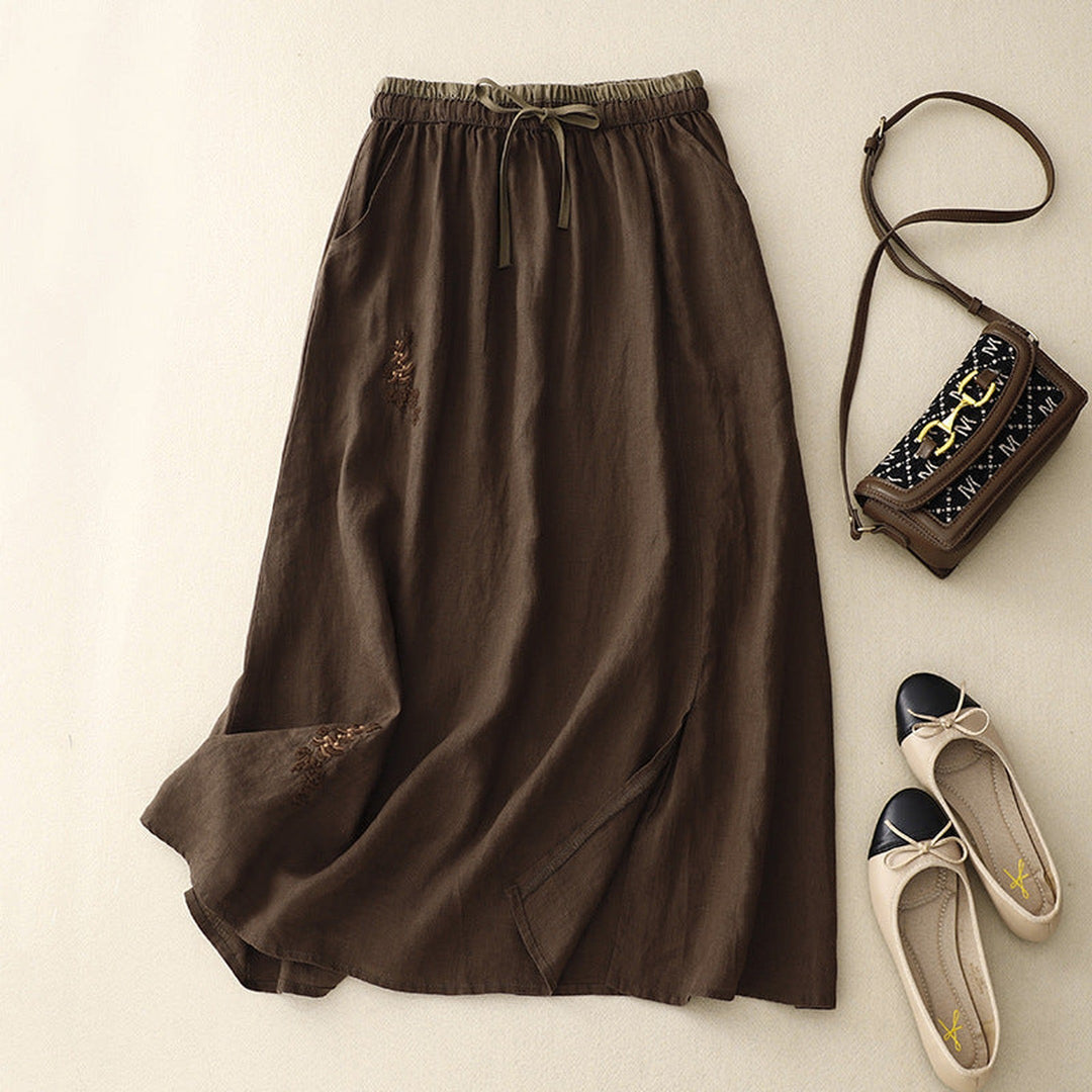 Women's Embroidered Linen Skirt – Elasticated Waist Summer Skirt – view 4
