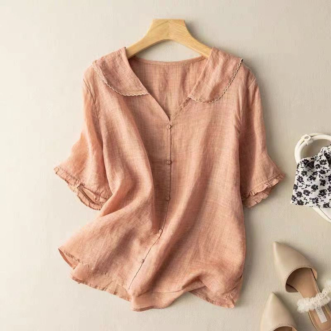 Women's Linen Blouse – Scalloped Collar & Ruffle Sleeves