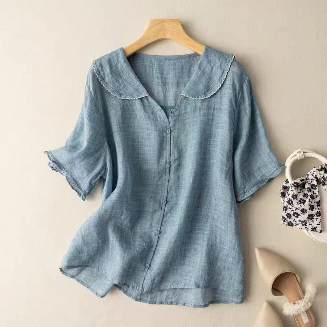 Women's Linen Blouse – Scalloped Collar & Ruffle Sleeves