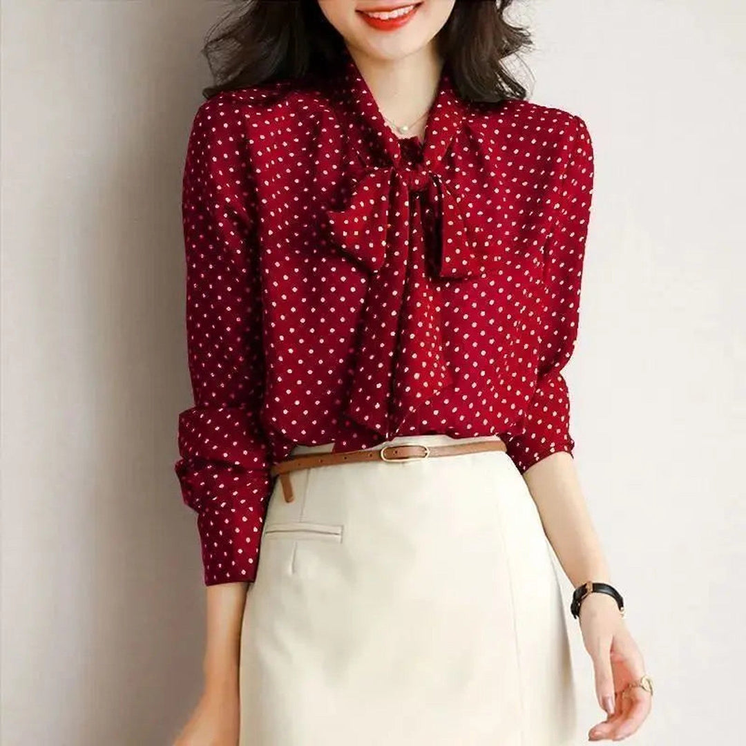 Women's Polka Dot Bow Blouse – Lightweight Shawl Collar Top