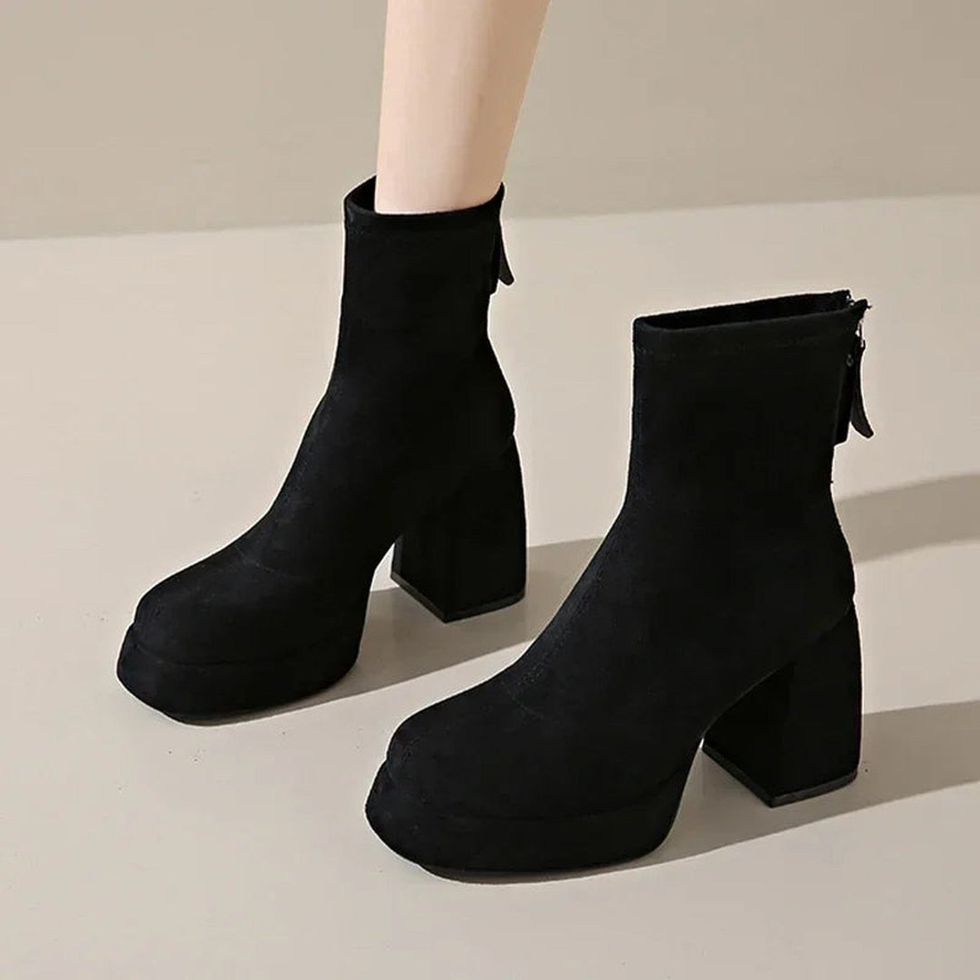 Women's Suede Heeled Ankle Booties – Block Heel, Back Zip