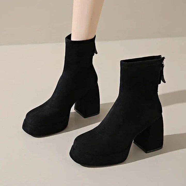 Women's Suede Heeled Ankle Booties – Block Heel, Back Zip