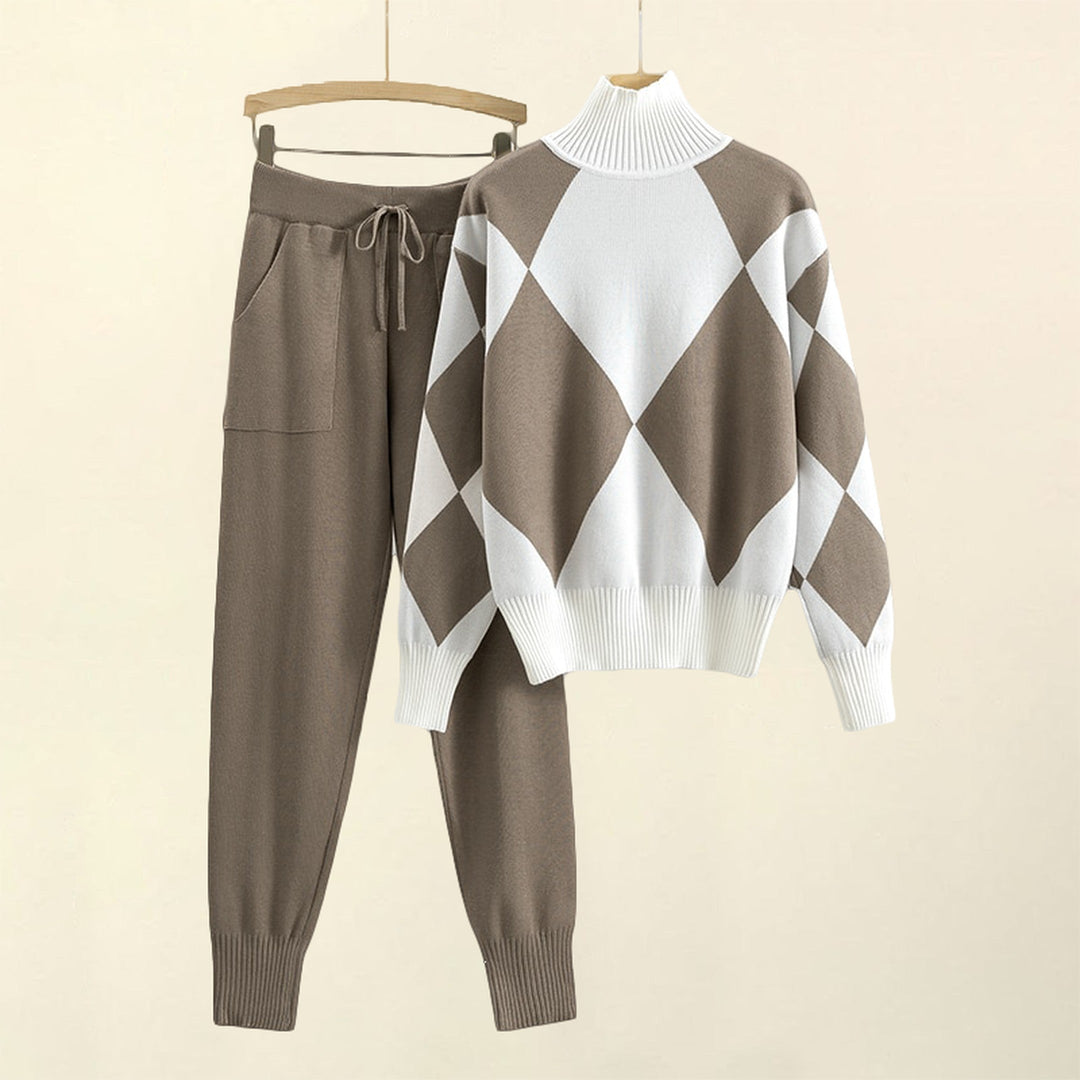 Women's Knitted Co-ord Set – Turtleneck Jumper and Trousers – Black