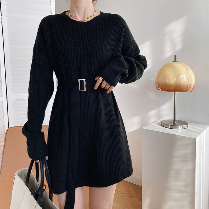 Women's Aspen Ribbed Knit Dress – Belted Long Sleeve Jumper Dress – view 5