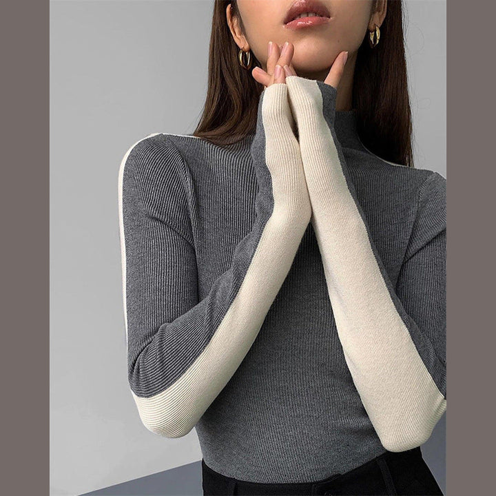 Women's Ribbed Knit Top with High Neck – Colour-Block Design – view 8