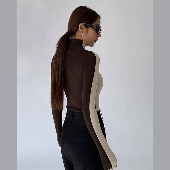 Women's Ribbed Knit Top with High Neck – Colour-Block Design – view 10