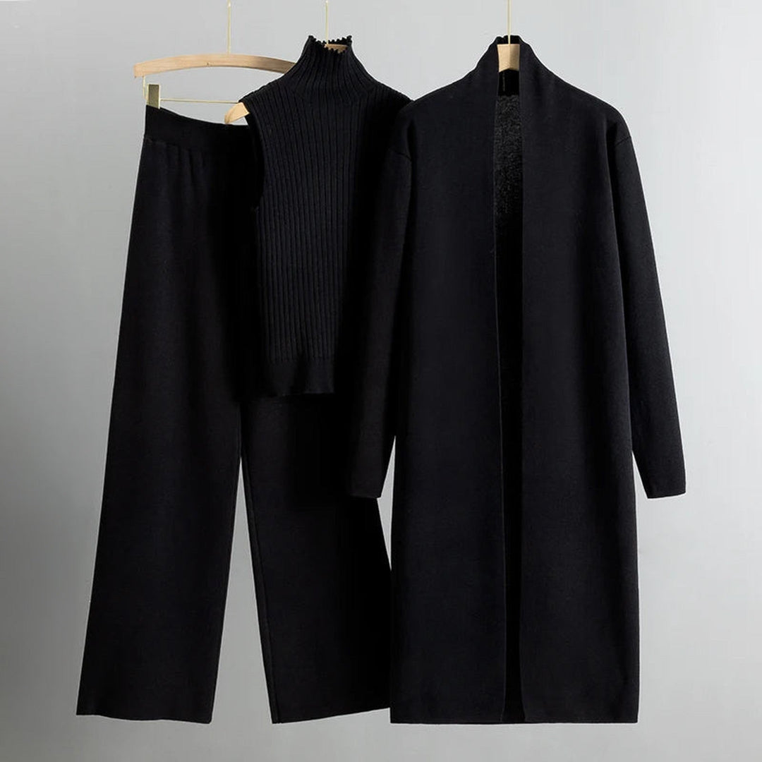 Women's Three-Piece Knitted Co-ord – Cardigan & Wide Trousers – Black
