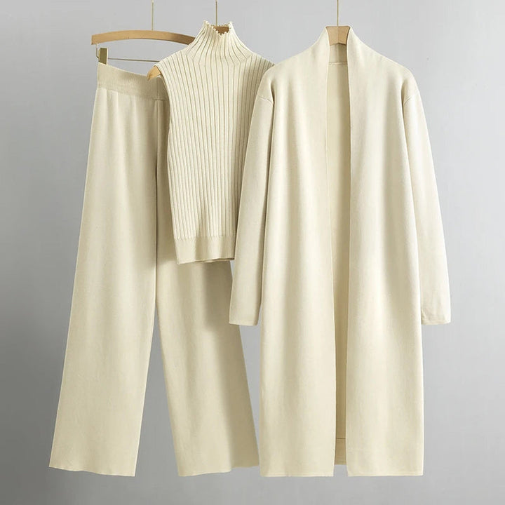 Women's Three-Piece Knitted Co-ord – Cardigan & Wide Trousers – Beige
