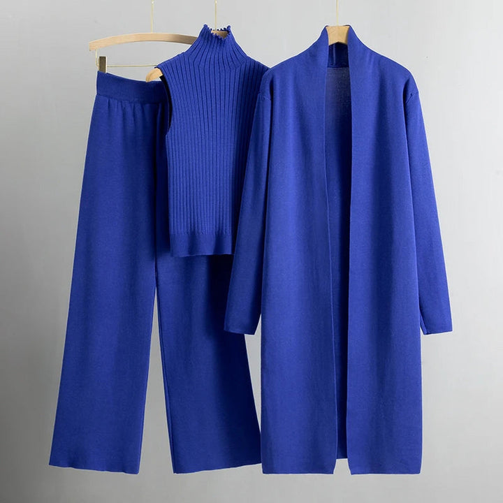 Women's Three-Piece Knitted Co-ord – Cardigan & Wide Trousers – Blue