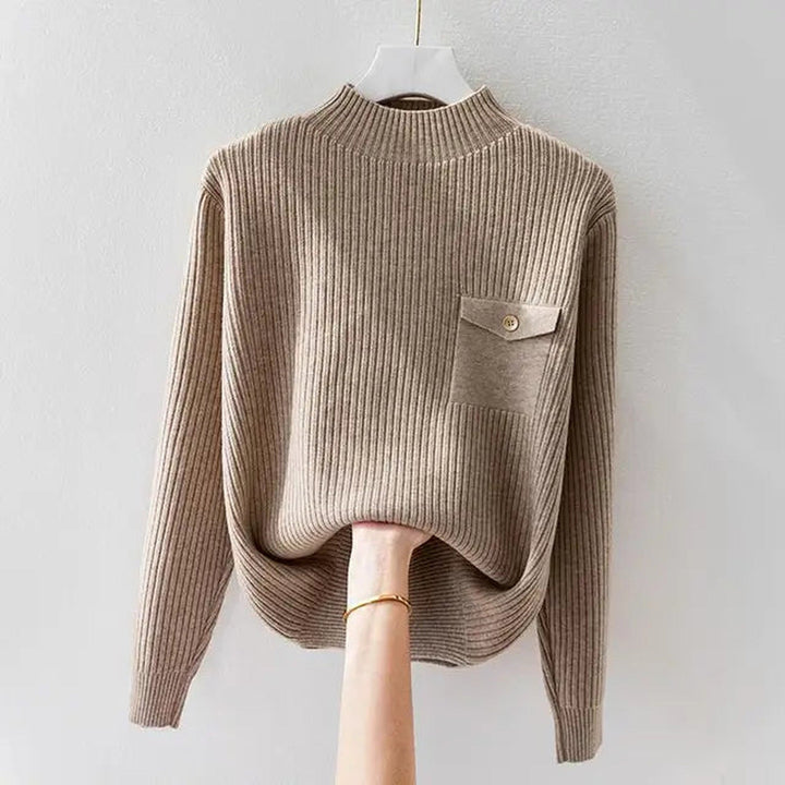 Women's Ribbed Knit Jumper – Mock Neck with Button Detail – Beige
