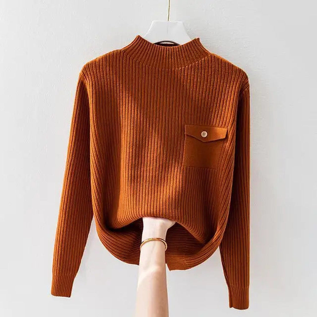 Women's Ribbed Knit Jumper – Mock Neck with Button Detail – Burgundy