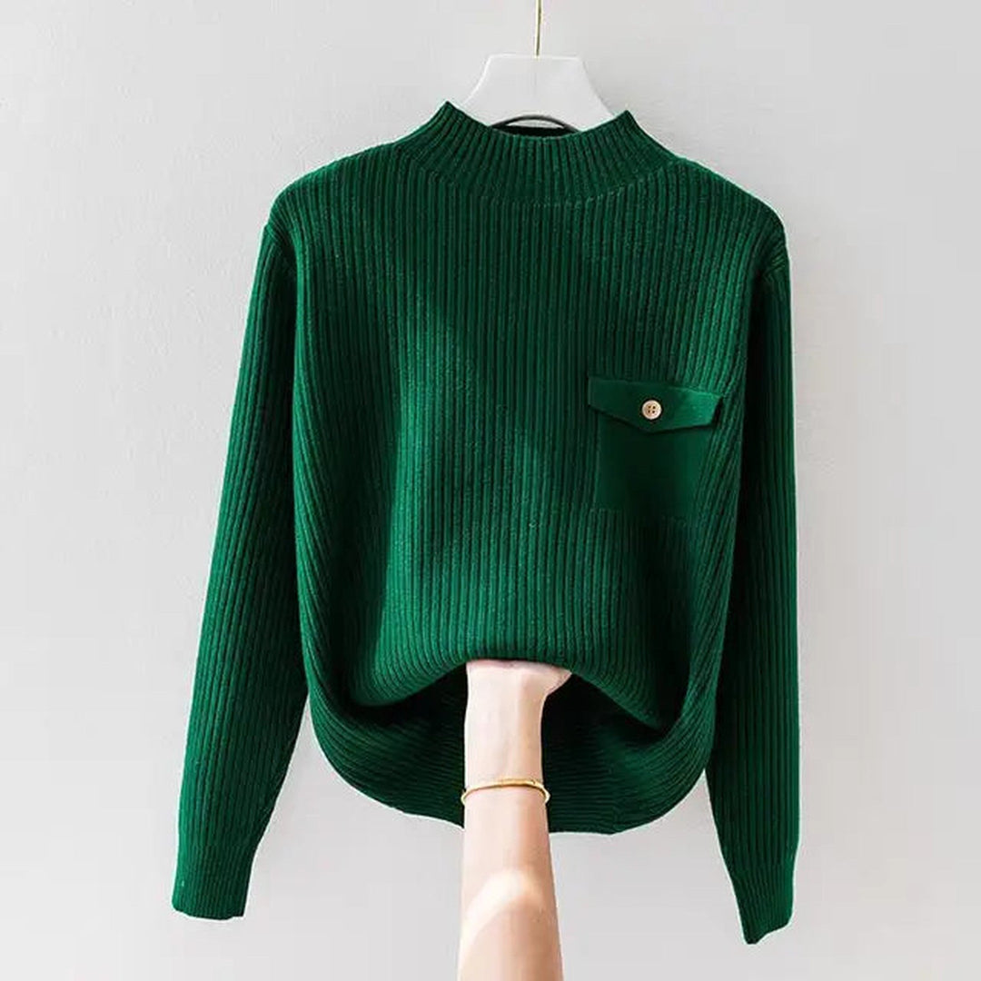 Women's Ribbed Knit Jumper – Mock Neck with Button Detail – Green