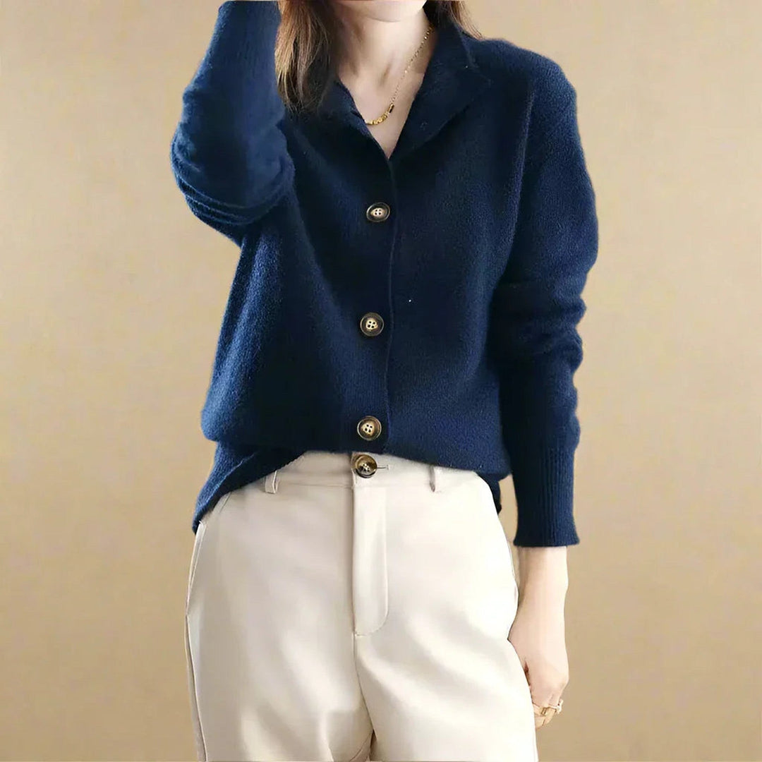 Women's Wool Blend Button Cardigan – Vintage Collar Detail – Camel