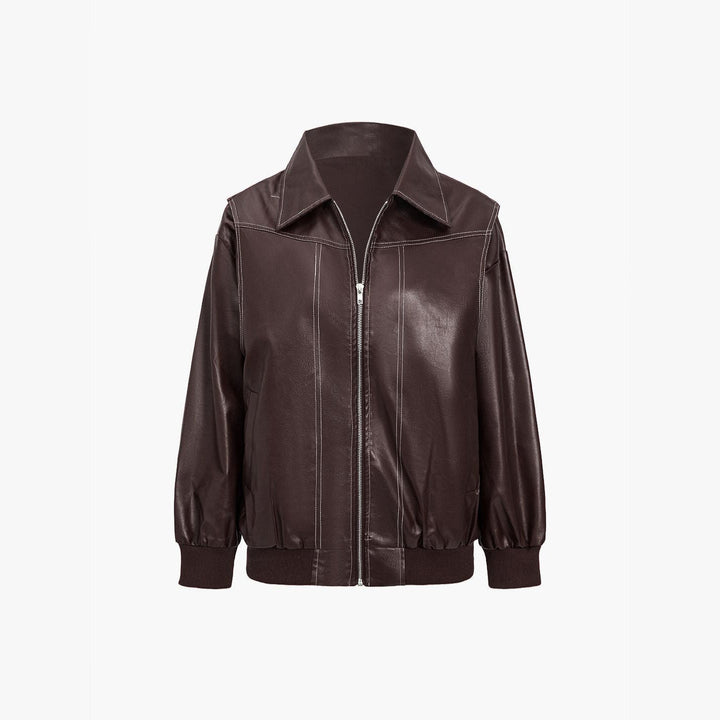 Women's Faux Leather Jacket – Relaxed Zip-Up Moto Style
