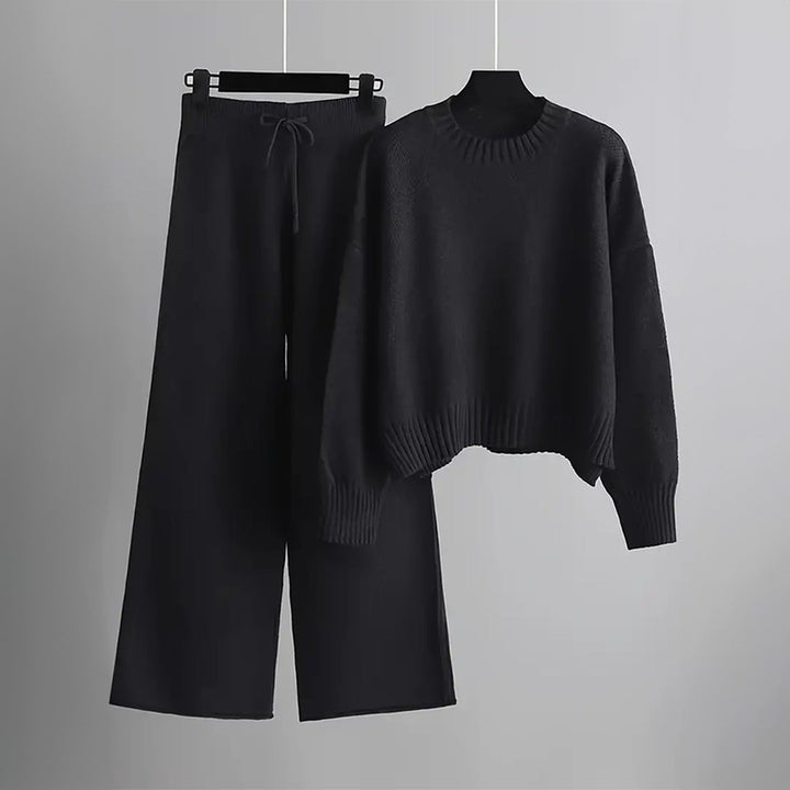 Women's Soft Knit Loungewear Set – Relaxed Jumper & Wide-Leg Trousers – Black