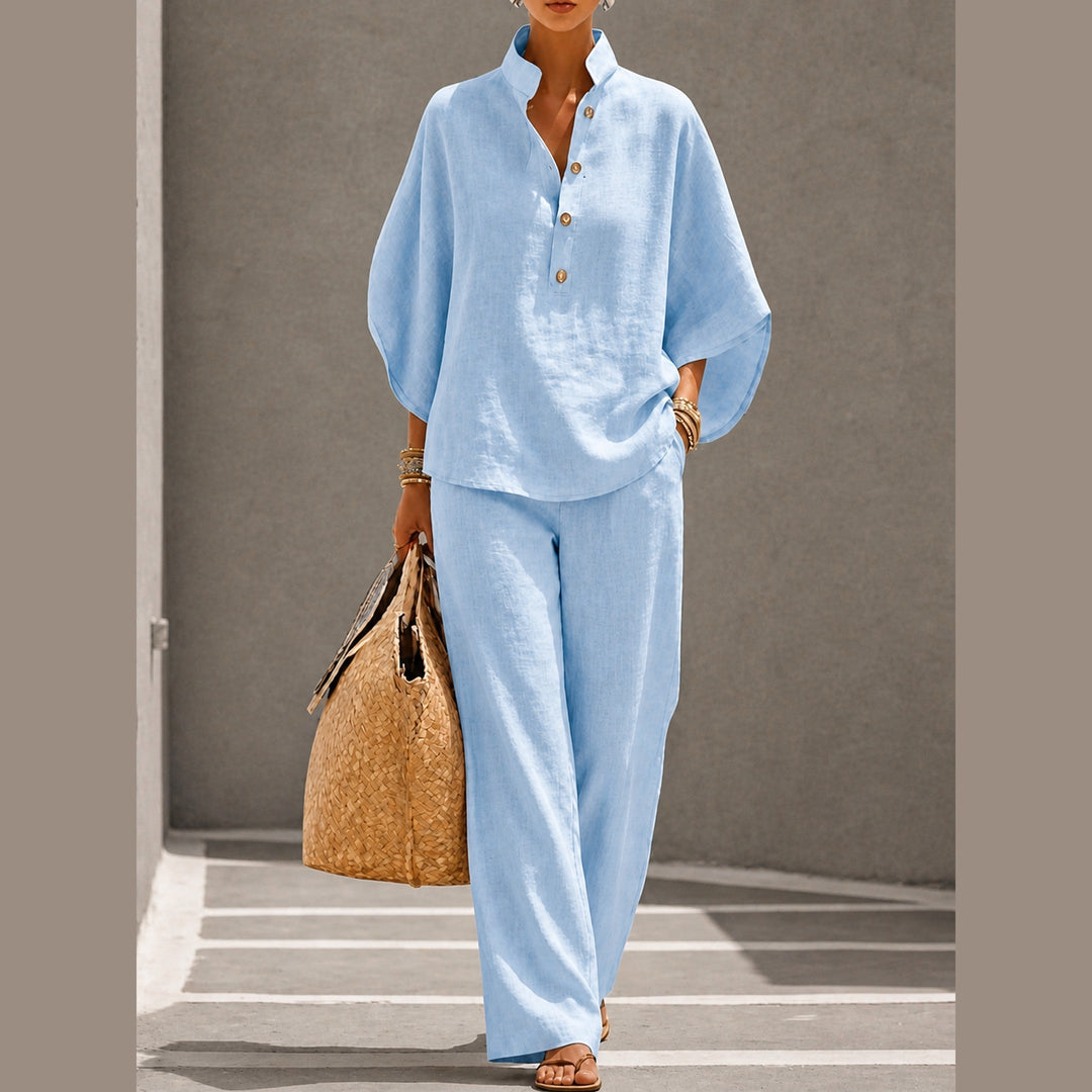Women's Linen Blend Two-Piece Co-ord Set – Relaxed Summer Style – Light Blue