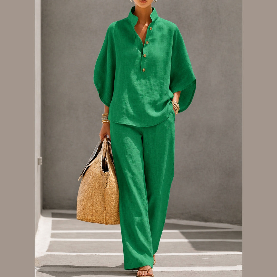 Women's Linen Blend Two-Piece Co-ord Set – Relaxed Summer Style – Green