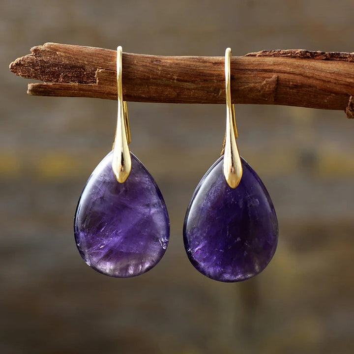 Women's Teardrop Amethyst Natural Stone Earrings – Gold & Silver – view 2
