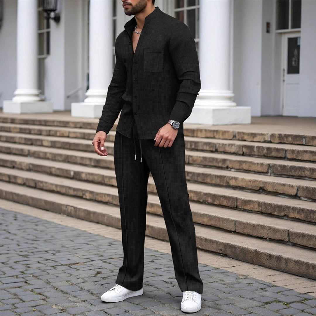 Men's Waffle Knit Shirt & Trousers Set – Relaxed Two-Piece – view 2