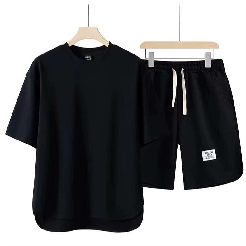 Men's Cotton-Blend Lounge Set – Drop-Shoulder Tee & Shorts Co-ord – Red