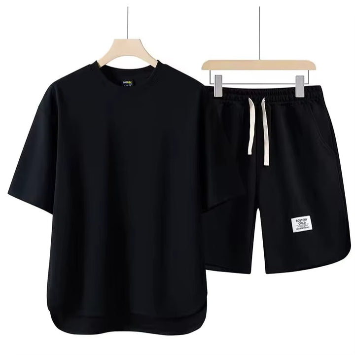 Men's Cotton-Blend Lounge Set – Drop-Shoulder Tee & Shorts Co-ord – Red