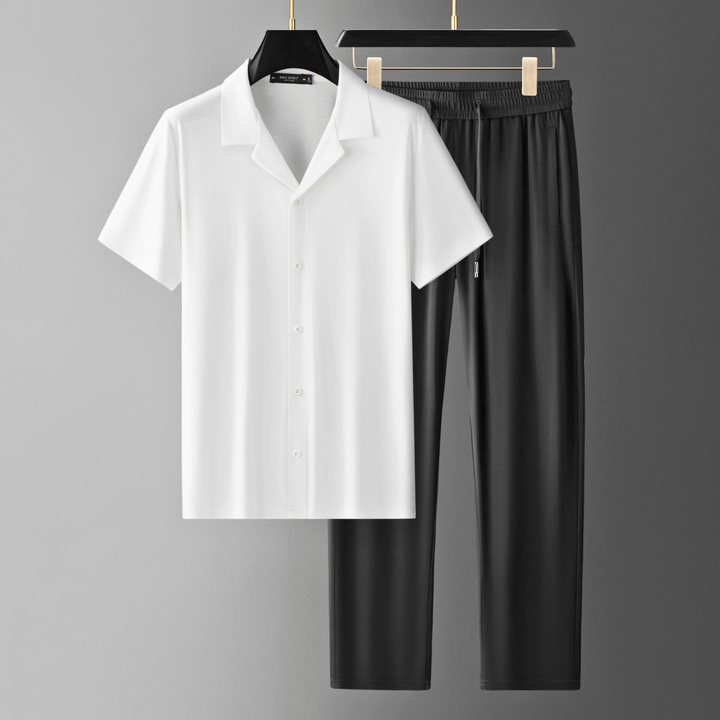 Men's Two-Piece Lounge Set – Camp Collar Shirt and Trousers – Ivory Noir