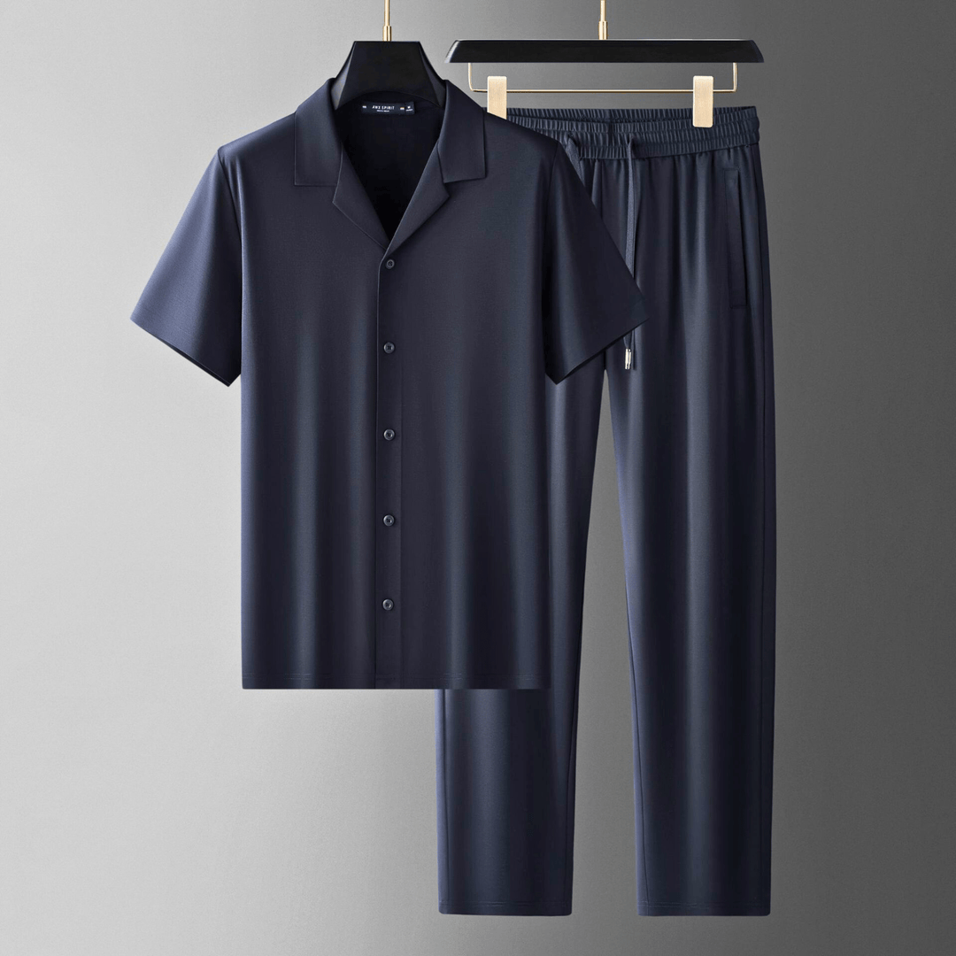 Men's Two-Piece Lounge Set – Camp Collar Shirt and Trousers – Midnight Navy