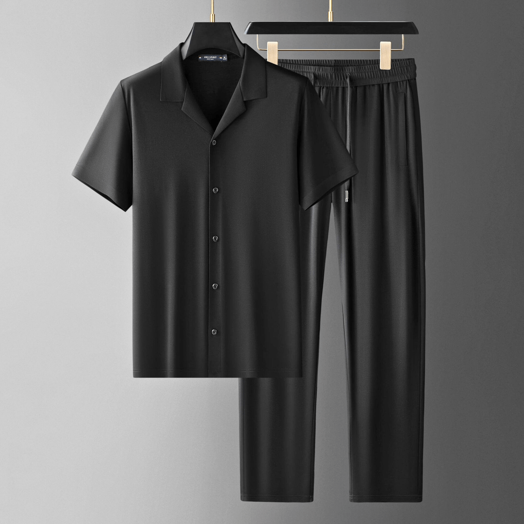 Men's Two-Piece Lounge Set – Camp Collar Shirt and Trousers – Noir Supreme