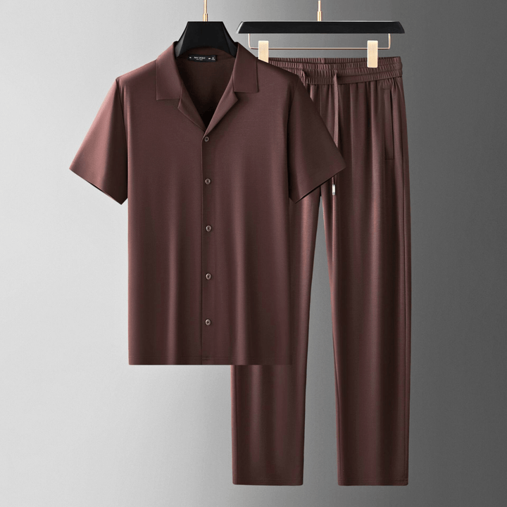 Men's Two-Piece Lounge Set – Camp Collar Shirt and Trousers – Chestnut Royale