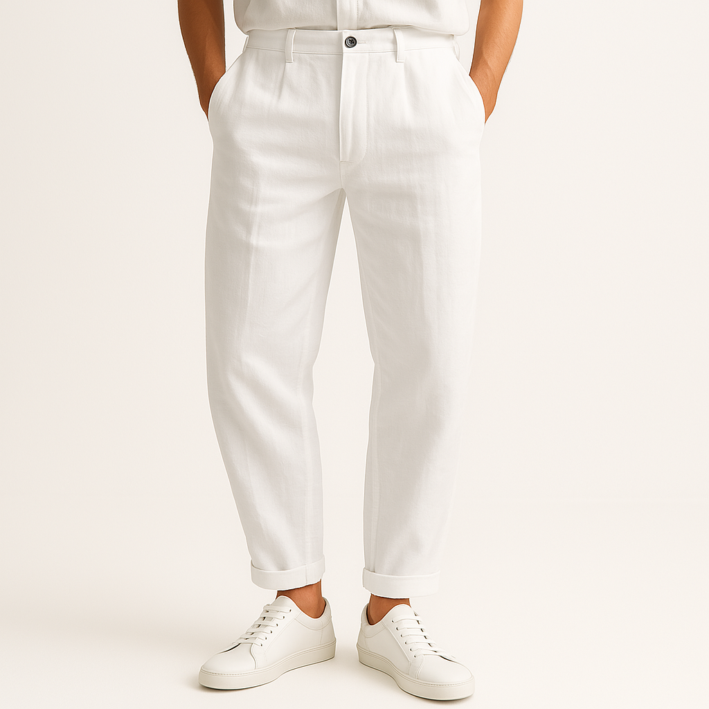Men's Linen Blend Straight-Leg Trousers – Breathable Summer Wear – White